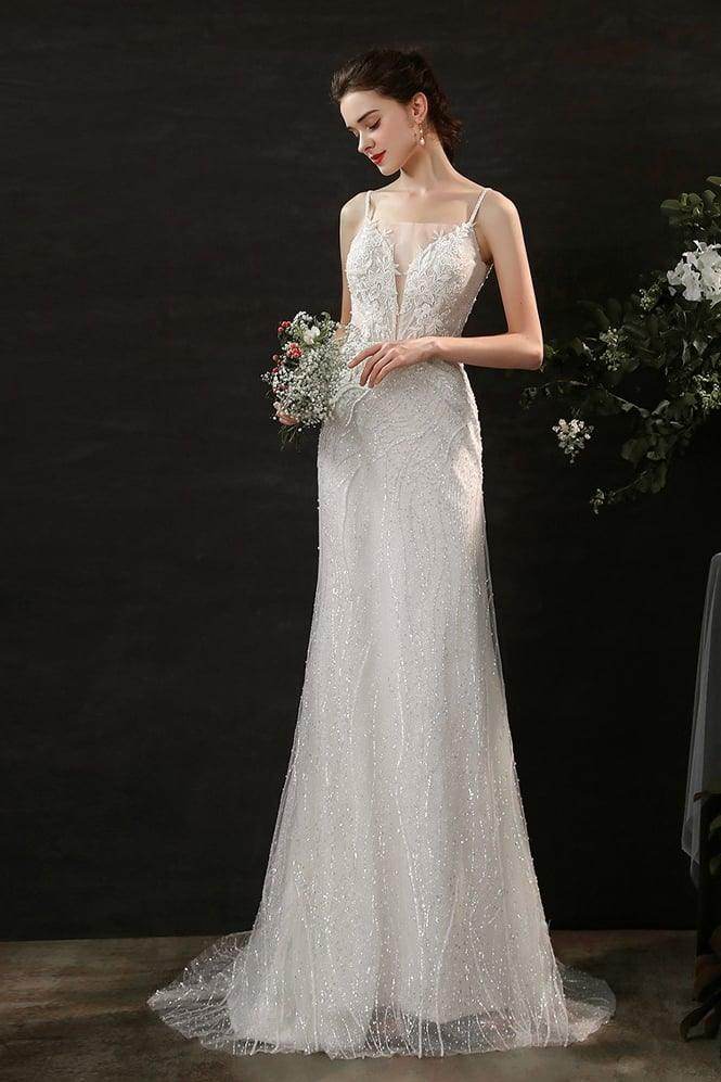 Sheath Sweep-Brush Train Lace Tulle Wedding Dress CW2699 - COCOMELODY